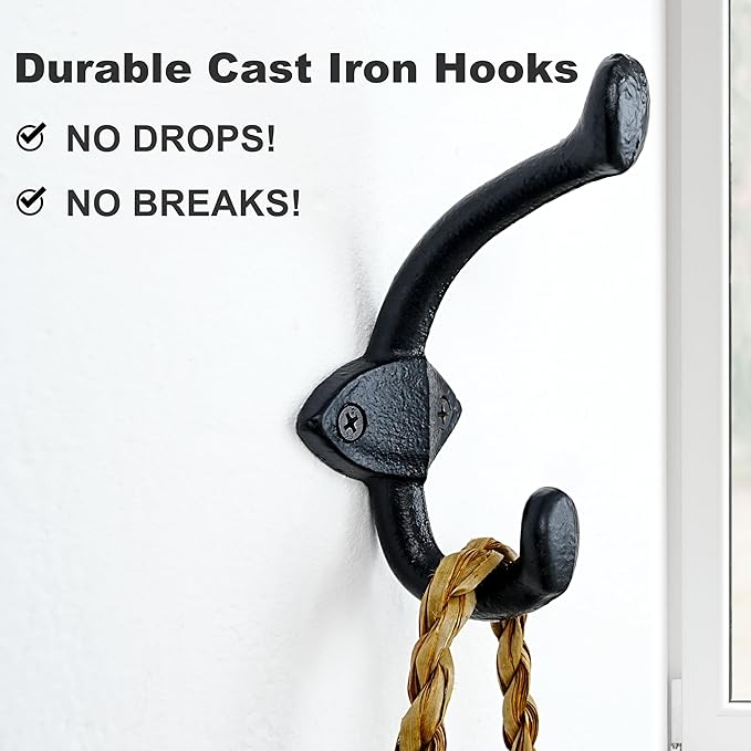 SKOLOO Black Wall Hooks Heavy Duty - Farmhouse Style Cast Iron Hooks, Pack of 5 - Ideal for Backpack, Coat, and Towel Hooks - Perfect for Entryway, Mud Room, and Bathroom Storage