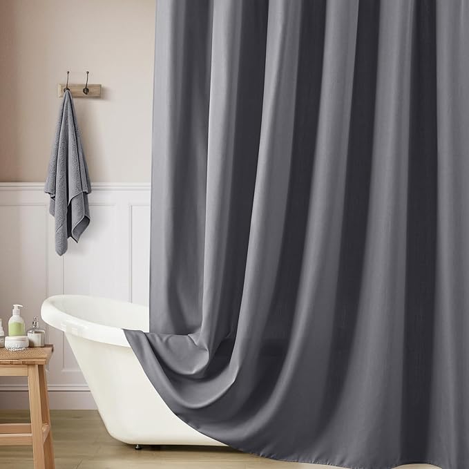Extra Long Grey Linen 96 Inch Shower Curtain Neutral Modern Bath Drapes Set 96 Inch Long with Hooks XLong Tall Farmhouse Boho Shower Curtains for Bathroom, Gray, 72x96