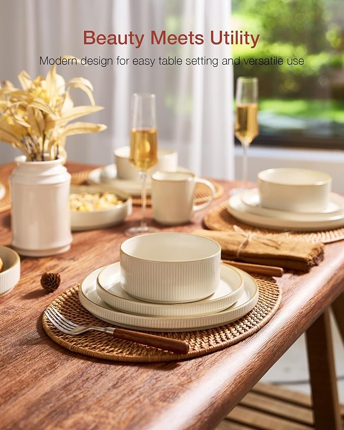 Famiware Star Dinnerware Set, Plates and Bowls Sets for 8 (24pcs), Ribbed Stoneware Dishes - Chip & Scratch Resistant, Microwave & Dishwasher Safe Tableware, White