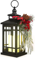 Metal Christmas Decorative Candle Lantern with Led Light,Red Plaid Ribbon,Lighted Hanging Vintage Lanterns for Home Decor Table Fireplace Porch Indoor Outdoor Decorations,Serpro