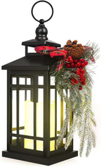 Metal Christmas Decorative Candle Lantern with Led Light,Red Plaid Ribbon,Lighted Hanging Vintage Lanterns for Home Decor Table Fireplace Porch Indoor Outdoor Decorations,Serpro