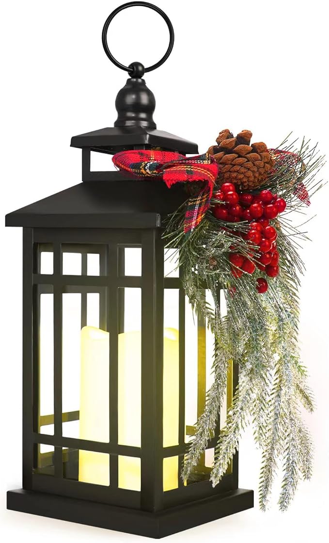 Metal Christmas Decorative Candle Lantern with Led Light,Red Plaid Ribbon,Lighted Hanging Vintage Lanterns for Home Decor Table Fireplace Porch Indoor Outdoor Decorations,Serpro