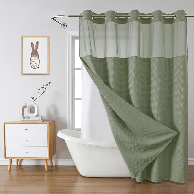 SageGreen Extra Long No Hook Waffle Weave Shower Curtain with snap-in Liner Replacement, 230GSM Waterproof Fabric Hotel Shower Curtain Set for Bathroom, Through Mesh Top Window,71Wx86H