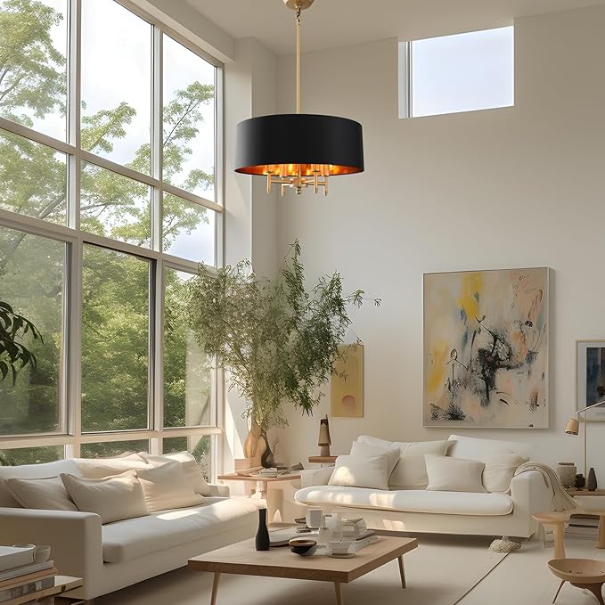 Black Drum Chandelier Gold Drum Shade Chandelier 4-Light Modern Linen 17.75“Chandeliers Light Fixture for Dining Room, Bedroom, Kitchen Island, Living Room, E12,Rod Adjustable