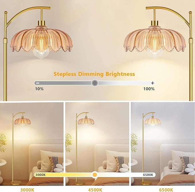Floor Lamp for Living Room,Bedroom,Gold Dimmable Standing Lamp with Remote,Mid Century Modern Brass Retro Vintage Glass Tall Floor Light Boho Bohemian