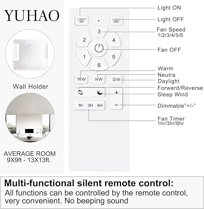 YUHAO 44 Inch Flush Mount Brushed Nickel Ceiling Fan with Light and Remote Control.Noiseless,Dimmable,3CCT,6 Speeds Reversible, Low Profile DC Ceiling Fans for Indoor Use