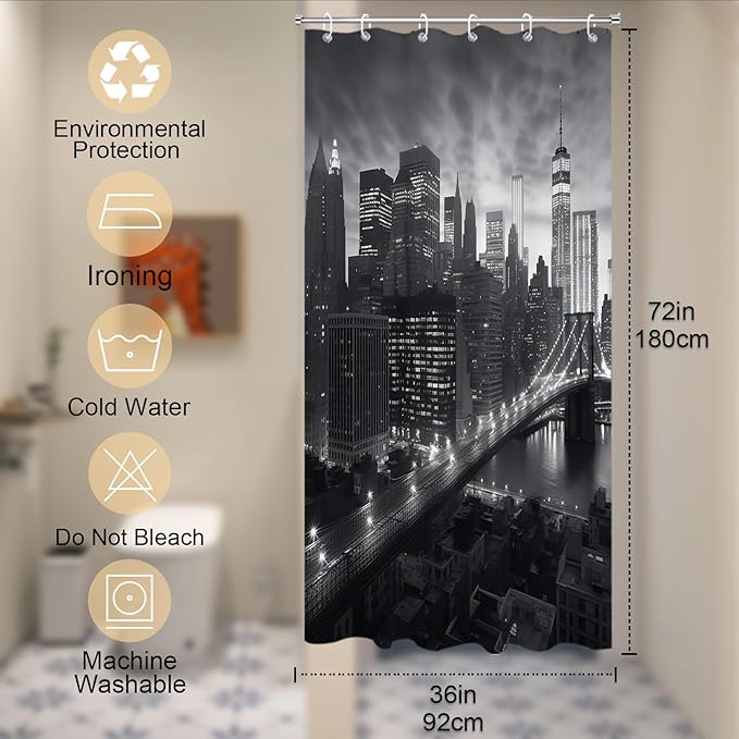NYC Manhattan Brooklyn Bridge Shower Curtain New York Skyline Building Night View Shower Curtain Set with 12 Hooks 36x72 inch Polyester Machine Washable, Grey and White