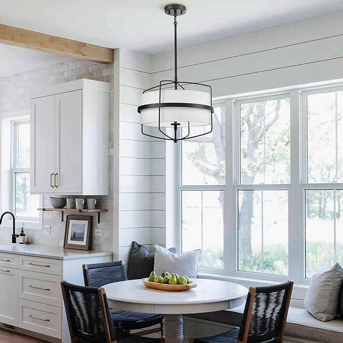 DAYCENT Modern Black Pendant Lights Kitchen Island 3-Light Drum Shade Pendant Light Fixtures 16" H Farmhouse Matte Black Pendant Light with Fabric Shade, Adjustable Height