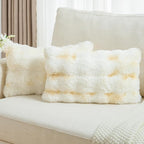 FUTEI Yellow White Decorative Throw Pillow Covers 12x20 Inch Set of 2,Soft Fuzzy Faux Rabbit Fur Pillow Case with Raised Texture,Neutral Boho Home Decor for Couch Bed Living Room
