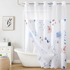 QiyI Flower Shower Curtain with Snap in Fabric Liner, Blue Watercolor Floral Cloth Bath Curtains, No Hook Shower Curtains with Mesh Top Window, Fabric Waterproof Bathroom Curtain Set, 72 x 81 Inch