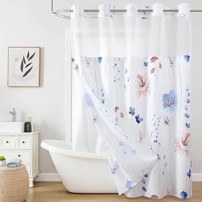 QiyI Flower Shower Curtain with Snap in Fabric Liner, Blue Watercolor Floral Cloth Bath Curtains, No Hook Shower Curtains with Mesh Top Window, Fabric Waterproof Bathroom Curtain Set, 72 x 81 Inch