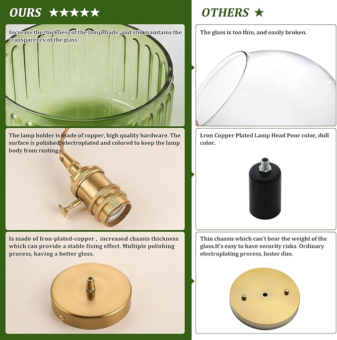Pendant Light 2 Pack with Green Striped Glass Lmapshade, Brass Vintage Pendant Light Adjustable Hanging Light for Kitchen Island Dining Room Hallway