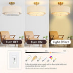 16" Semi Flush Mount Ceiling Light, 3-Light Gold Drum Ceiling Light Fixture with 2-Tier Fabric Linen Shade, Farmhouse Chandelier for Dining Room, Living Room, Bedroom, Kitchen, Hallway, Entryway