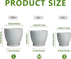Ceramic Plant Pots - 10+8+6 Inch Modern Round Planters for Indoor Outdoor, Flower Pots with Drainage Holes and Plant Saucers, House Office Decor, Gardening Gifts, Set of 3, Grey