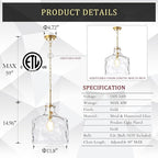 16" Extra Large Farmhouse Pendant Light – Hand-Blown Hammered Glass Shade, Gold Finish, Adjustable Chain Ceiling Light for Kitchen Island, Dining Room, Hallway
