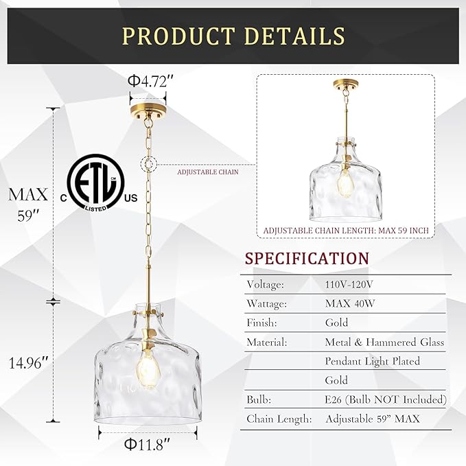 16" Extra Large Farmhouse Pendant Light – Hand-Blown Hammered Glass Shade, Gold Finish, Adjustable Chain Ceiling Light for Kitchen Island, Dining Room, Hallway