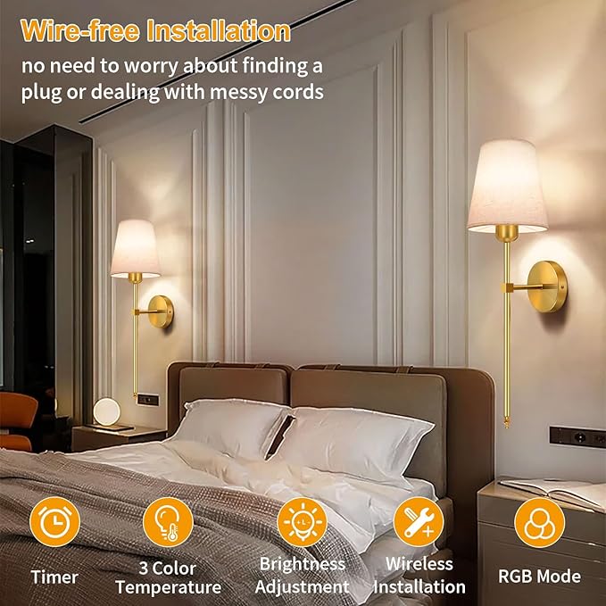 Auzev Battery Operated Wall Sconces Set of 2, Cordless Wall Lights for Living Room, Rechargeable Sconce Wall Decor Bedroom Wall Lamps with Remote Dimmable Sconce Lights No Wiring, Linen Shade