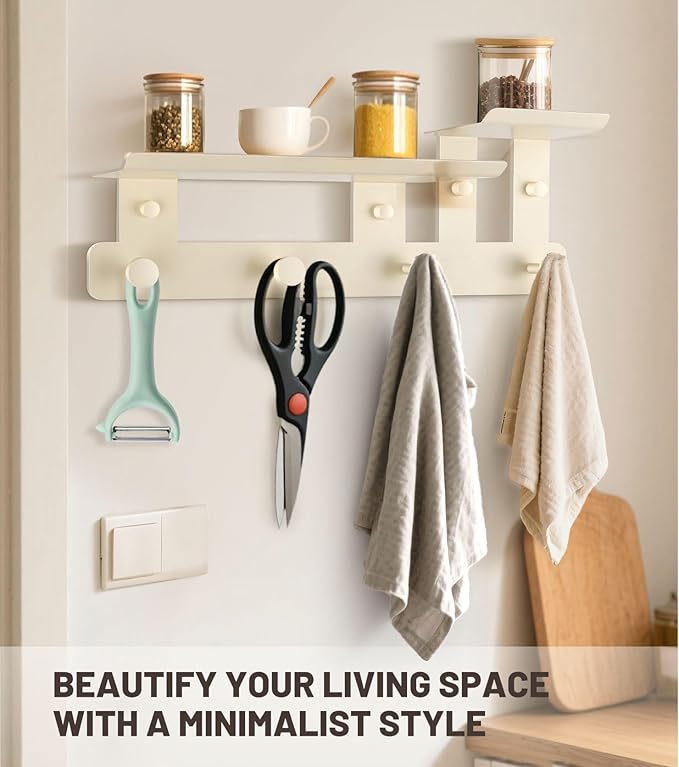 2025 new coat rack wall mount with shelf, shelf with hooks comstructed from premium carbon steel, wall with hooks for entryways, bedrooms, living rooms, bathrooms. (cream white, Small size)