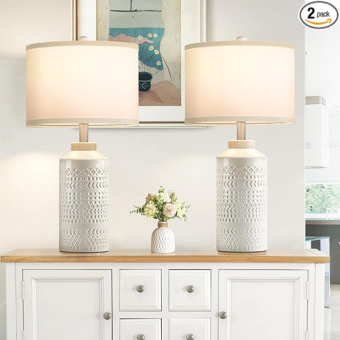 23.5" Ceramic Table Lamps for Living Room, Modern Cream White Table Lamps for Bedrooms Set of 2, Vintage Ceramic Lamps for Night Stands, White Shade Retro Nightstand Lamps for Bedroom