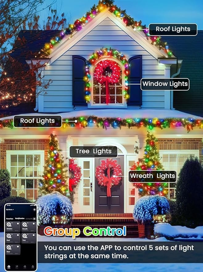 600LED Smart Color Changing Halloween Lights App Controlled, 208FT Waterproof RGB Xmas String Light Music Sync Multiple Modes, Christmas Lights with Remote & Timer Indoor Outdoor Halloween Decorations