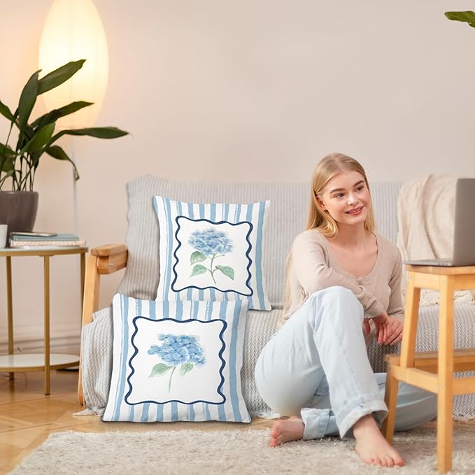 JINYO Retro Blue Hydrangea Floral Pillow Covers 18x18 Set of 2, Floral Room Decor, Rustic Blue and White Striped Botanical Flower Decorative Pillow Cases for Couch Living Room Bedroom Home