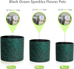 12/10/8 inch Large Deep Plant Pots for Outdoor Indoor Plants, 3 Pack Tall Cylinder Flower Pots, Plastic Planters with Drainage Holes and Saucers for Garden House, Black with Green Speckles