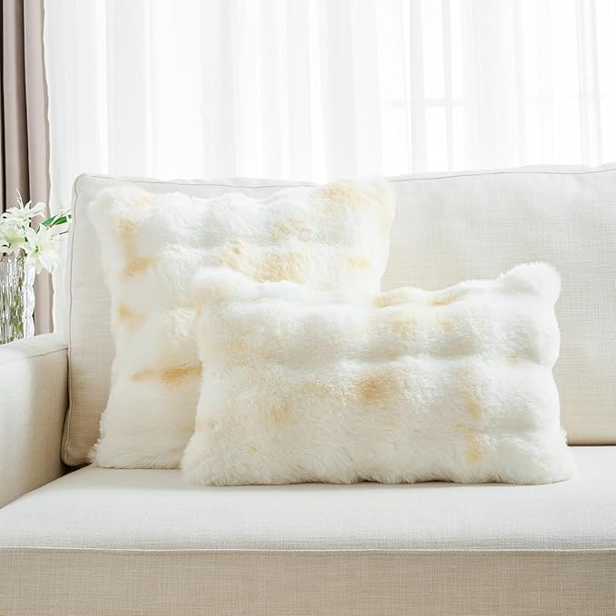 FUTEI Yellow White Decorative Throw Pillow Covers 18x18 Inch Set of 2,Soft Fuzzy Faux Rabbit Fur Cushion Covers with Raised Texture,Neutral Boho Home Decor for Couch Bed Living Room
