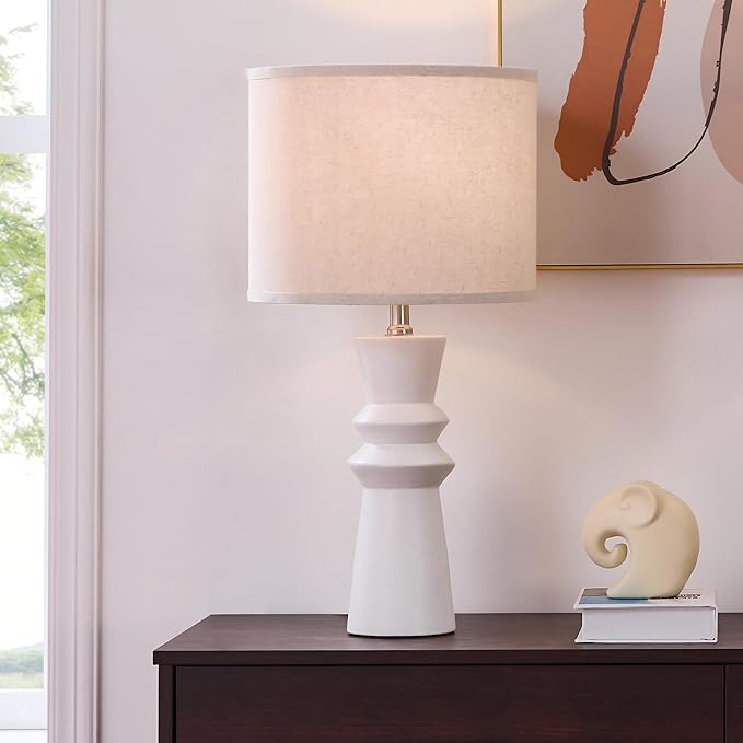 24.75 Inch White Ceramic Table Lamp Set of 2 with Oatmeal Fabric Shade, 3-Way Dimmable Tall Modern Lamp for Living Room, Bedroom, Office Desk & Nightstand