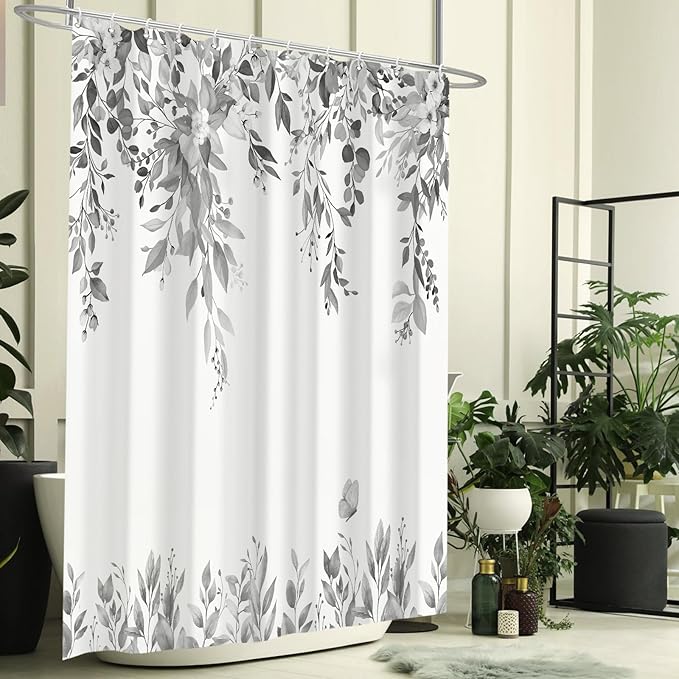Eucalyptus Shower Curtain, Grey Watercolor Leaves with Floral Botanical Bathroom Decor, Waterproof Fabric Bath Curtain Set with Hooks, 72x78 Inches