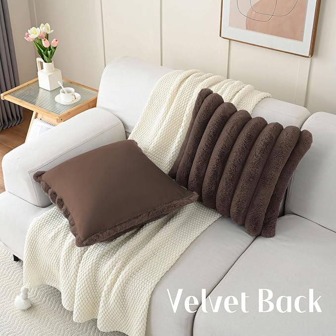 FUTEI Dark Coffee Decorative Throw Pillow Covers 20x20 Inch Set of 2, Square Soft Faux Rabbit Fur Big Striped Cushion Cover,Home Decor for Couch Sofa Bed Living Room
