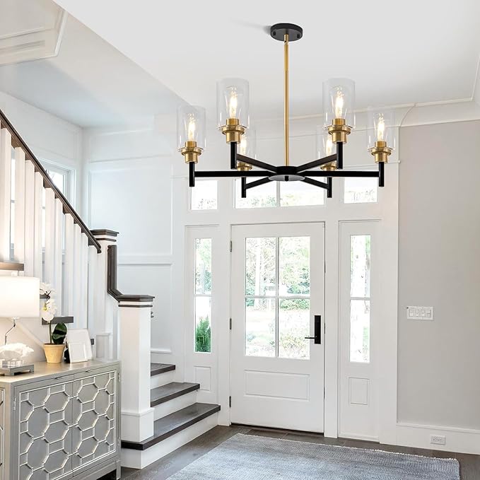 6 Light Dining Room Light Fixture Black & Brushed Brass Gold Farmhouse Chandelier Over Table Modern Hanging Pendant Lighting for Living Room Foyer Kitchen Adjustable Height E26 Socket