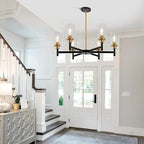 6 Light Dining Room Light Fixture Black & Brushed Brass Gold Farmhouse Chandelier Over Table Modern Hanging Pendant Lighting for Living Room Foyer Kitchen Adjustable Height E26 Socket