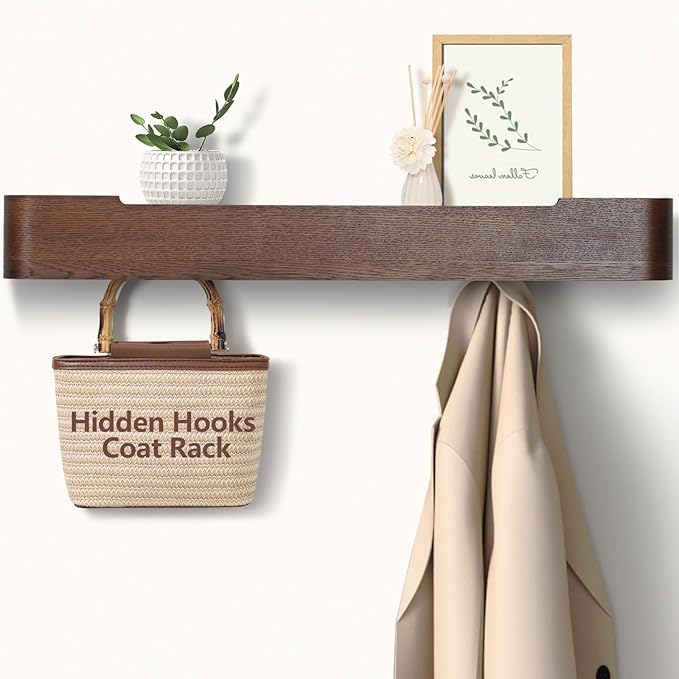 Coat Rack Wall Mount with Hidden Hooks Entryway Hanging Shelf Modern Wood Coat Hanger for Bedroom Kitchen Hallway Bathroom (Walnut,32.7 Inch Long)