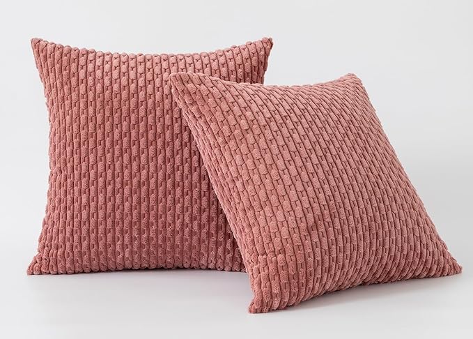 Kevin Textile Throw Pillow Covers Soft Corduroy Decorative Set of 2 Boho Striped Pillow Covers Pillowcases Farmhouse Home Decor for Couch Bed Sofa Living Room 22x22 Inch Blush Pink