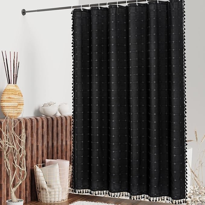 MitoVilla Black Boho Small Stall Shower Curtain Set 36 x 72, Farmhouse Narrow Polyester Linen Fabric Shower Curtains for Bathroom Decor, Half Size Cloth Shower Curtain Set with Hooks