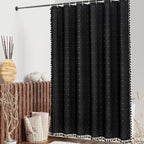 MitoVilla Black Boho Shower Curtains for Modern Bathroom Decor, Farmhouse Polyester Linen Fabric Cloth Shower Curtain with Tassel, 72 x 72