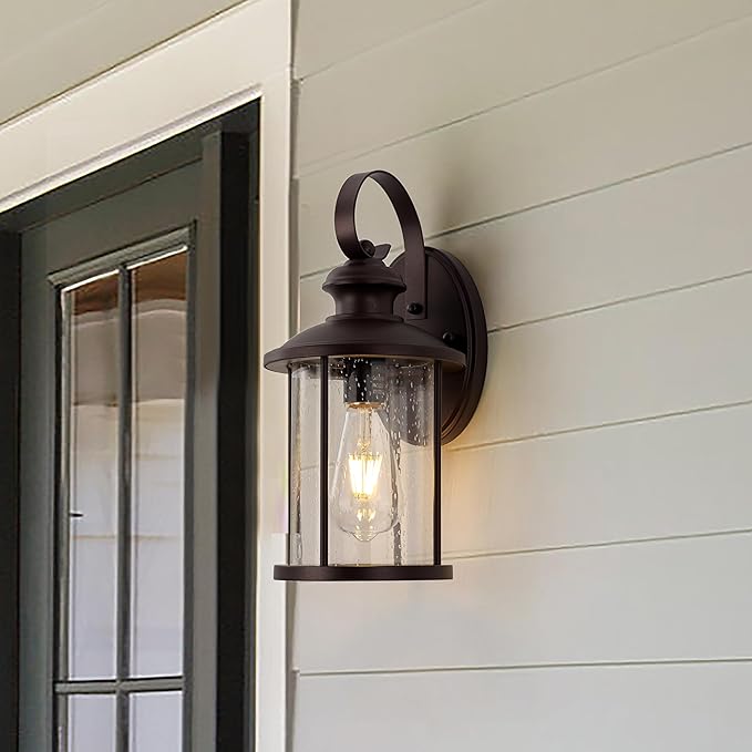 MICSIU Oil Rubbed Bronze Outdoor Wall Light Fixtures, Clear Seedy Glass Exterior Porch Sconces Wall Mounted Lighting, 13.75 Inch Exterior Light for House, Entryway, Doorway, Pathway