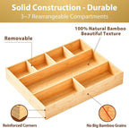 Umilife Large Bamboo Desk Drawer Organizer, Wood Junk Organizer Tray with Adjustable Dividers, Anti-Skip Storage Organization in Office Bathroom Drawer for Vanity, Makeup, 15" x 12"