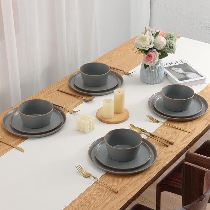 Melamine Dinnerware for 4, 12 Pieces Unbreakable Matte Plastic Plates and Bowls set, Kitchen Dish set BPA Free, Dishwasher Top Safe, Not Microwave, Not Oven (Grey)