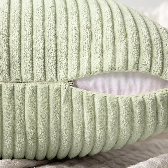 MIULEE Light Green Corduroy Pillow Covers Pack of 2 Boho Decorative Spliced Throw Pillow Covers Soft Solid Couch Pillowcases Cross Patchwork Textured Cushion Covers for Living Room Bed Sofa 18x18 inch