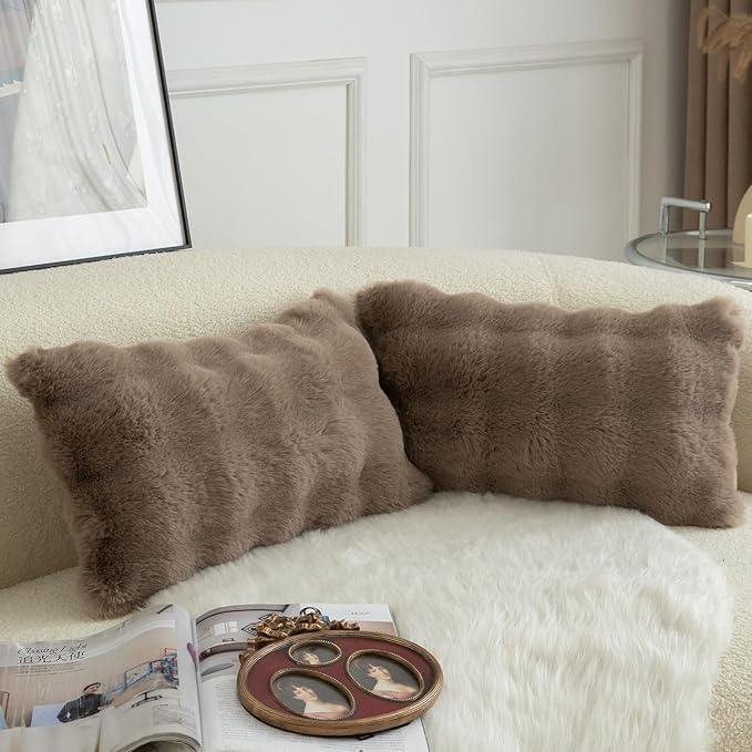 MANDIOO Pack of 2 Thick Plush Wool Decorative Throw Pillow Covers Super Soft Wave Bubble Fur Velvet Cushion Covers Pillow Shams for Couch Bed Living Room 12x20 Inch Taupe