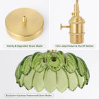 Pendant Light with Green Scindapsus Glass Lmapshade, Brass Vintage Pendant Light Adjustable Hanging Light for Kitchen Island Dining Room Hallway