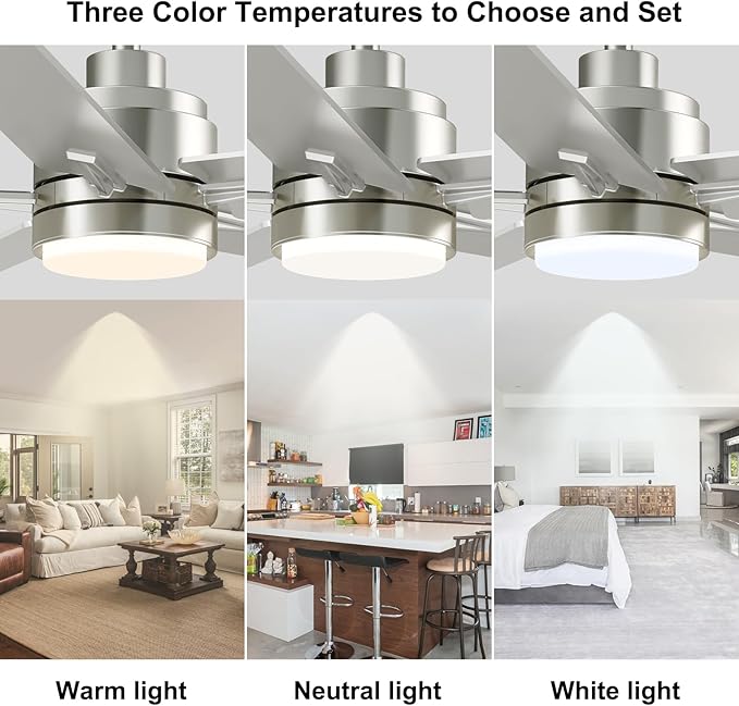 YUHAO 48 Inch Brushed Nickel Ceiling Fan with Light and Remote Control.Noiseless,Dimmable, 3CCT,6 Speeds Reversible, Modern DC Ceiling Fans for Indoor Use