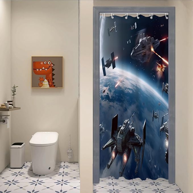 Universe War Cool Shower Curtain Bathroom Bathtubs Funny Planet Science Fiction Movie Theme Fabric Shower Curtain Set with 6 Hooks 36x72 inch Polyester Machine Washable, Blue Grey
