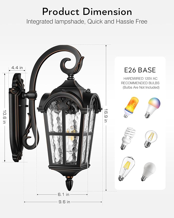 VIANIS Outdoor Wall Light, 16.9" Black Dusk to Dawn Outdoor Lighting with Gold Trim, Outside Light Fixtures Wall Mount with Tempered Water Ripple Glass for Patio, Entryway, Waterproof Anti-Rust