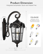 VIANIS Outdoor Wall Light, 16.9" Black Dusk to Dawn Outdoor Lighting with Gold Trim, Outside Light Fixtures Wall Mount with Tempered Water Ripple Glass for Patio, Entryway, Waterproof Anti-Rust