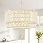 18” Rattan Chandelier Light Fixtures, 3-Light Dining Room 2-Tier Bohemian Coastal Woven Modern Hanging Drum Lighting with Fabric Shade for Living Room Kitchen Island Entryway Hallway