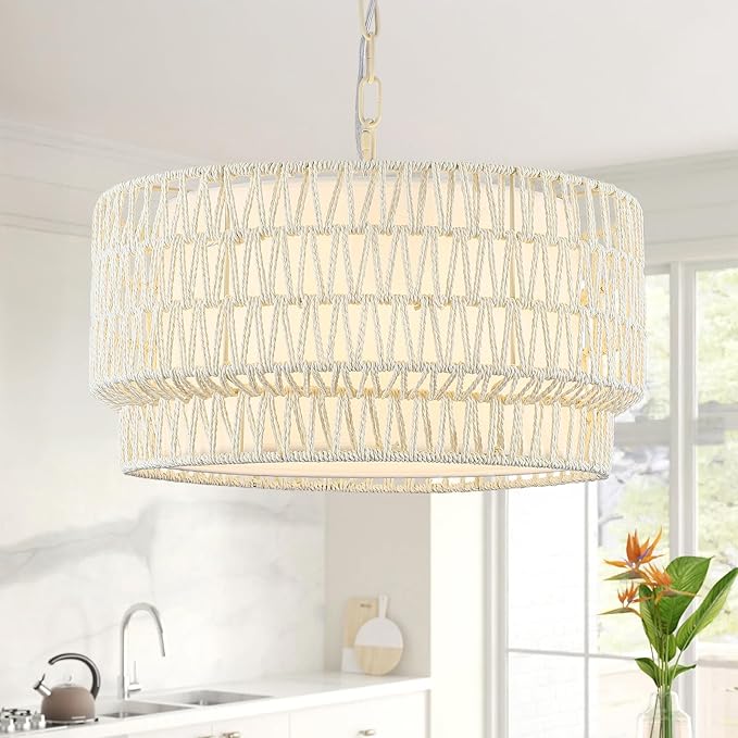 18” Rattan Chandelier Light Fixtures, 3-Light Dining Room 2-Tier Bohemian Coastal Woven Modern Hanging Drum Lighting with Fabric Shade for Living Room Kitchen Island Entryway Hallway