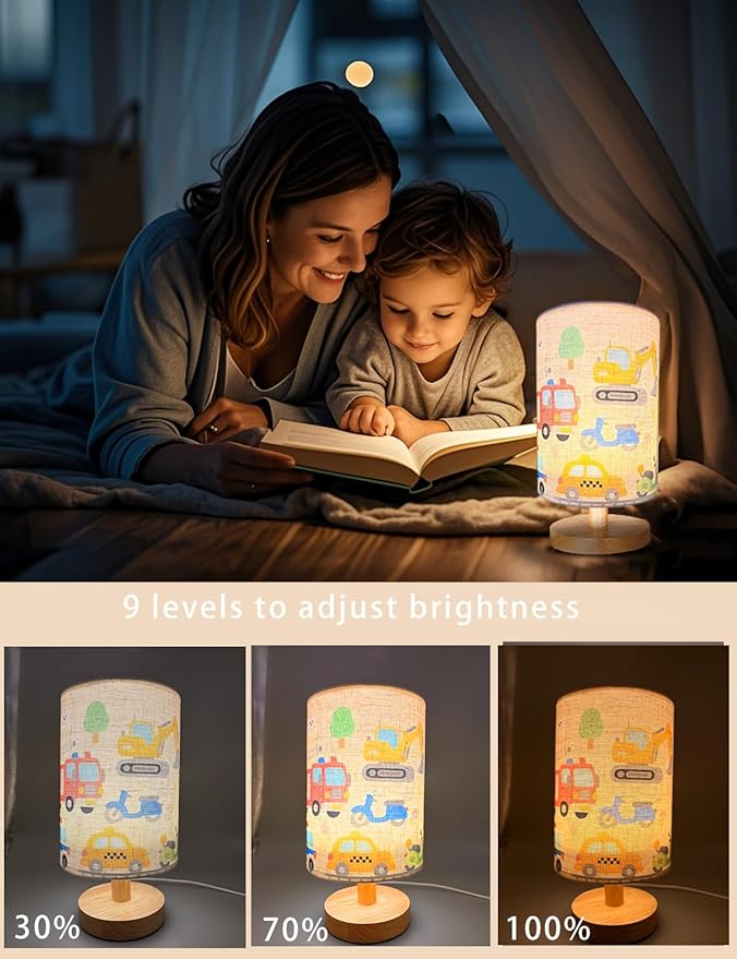 Kids Lamps for Bedrooms Boys, Car Lamp,3 Level Dimmable Wood Nightstand Desk Base Flaxen Fabric Shade for Bedroom Living Room,Car Gifts for Boys (car)