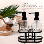 3 Piece Round Heavy Weight Glass Soap Lotion Pump Dispenser Set with Metal Caddy for Home Bath Kitchen Travel Office Hand Crafted Metal Tray Matte Black